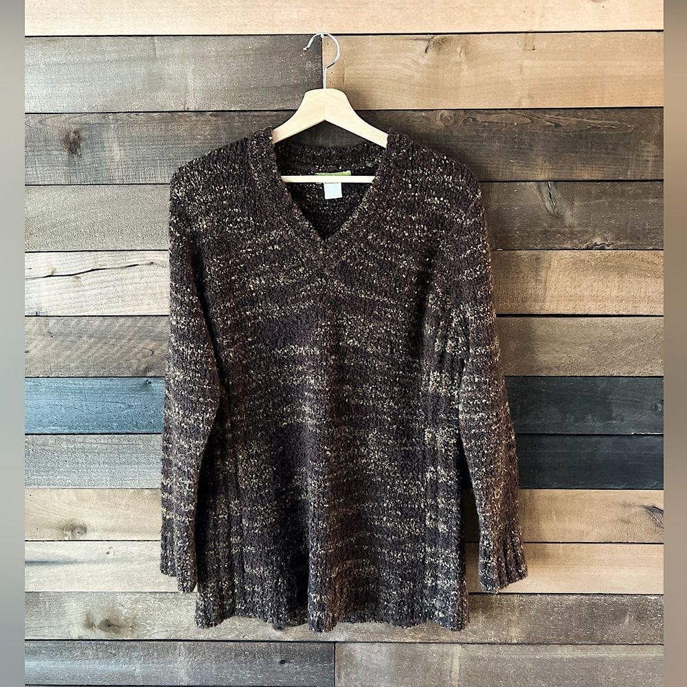 Vintage Brown Marled Knit V-Neck Sweater Long Sleeve Cozy Chunky Knit Pullover
